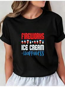 Camiseta Deportiva Casual para Mujer en Negro con Colorido Texto FUEGOS ARTIFICIALES HELADO - Camiseta Elástica de Cuello Redondo, Lavable aáquina, Ajuste Cómodo y Apta para Todas las Estaciones. - Negro - Ver 1