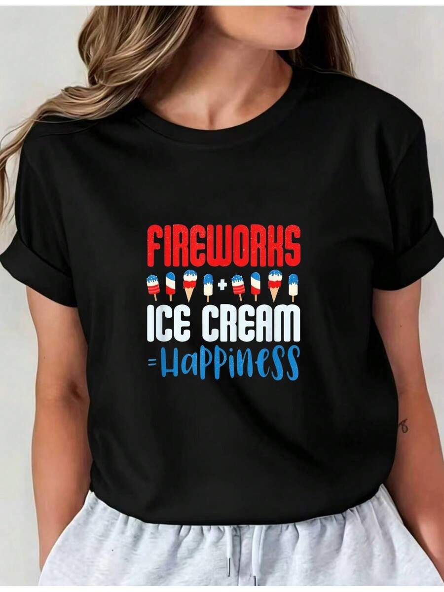 Camiseta Deportiva Casual para Mujer en Negro con Colorido Texto FUEGOS ARTIFICIALES HELADO - Camiseta Elástica de Cuello Redondo, Lavable aáquina, Ajuste Cómodo y Apta para Todas las Estaciones. - Negro - Ver 1