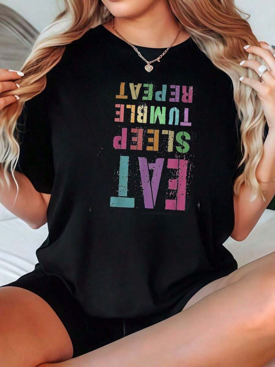 Camiseta de Mujer Casual de Corte Holgado, Opciones en Blanco y Negro, Estampado de Letras Coloridas 'Eat Sleep Tumble Repeat', Camisetas Cómodas para Uso Diario, Tops de Verano, Camisetas Gráficas, Conjuntos de Verano, Camisetas Cortas para Mujer, Ropa Linda de Algodón Vintage para Mujer, Playera Holgada para Mujer - Negro - Ver 1