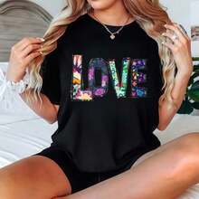 Black Short Sleeve T-Shirt 2026 With Colorful LOVE Print, Casual Clothing, Casual Blouses For Women - 黑色 - 查看 7