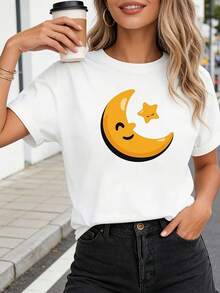 Women's T-Shirt With Cartoon Moon And Star Prints, Perfect For Casual Wear At Home And Coffee Breaks. This Cute And Stylish Design Features Short Sleeves, Ideal For Everyday Outings. - 白色 - 查看 1