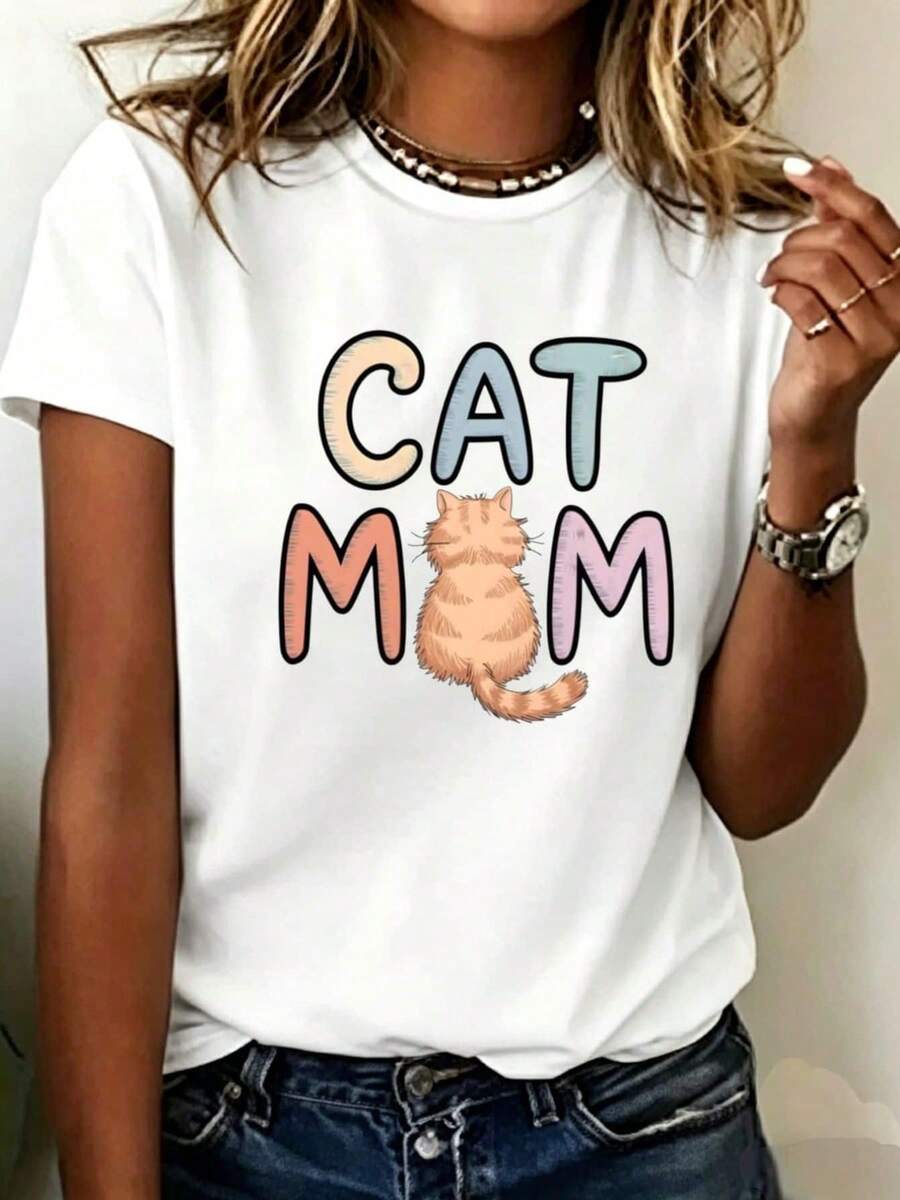 Camiseta de mujer con cuello redondo y un lindo estampado de letras en tonos pastel con un gráfico de un gato atigrado naranja, suave, de manga corta, ideal para el verano, un regalo divertido para amantes de las mascotas, para mamás de gatos, top casual de cuello redondo para uso diario y salidas. - Blanco - Ver 1
