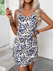 Vestido de verano casual con estampado de hojas, cuello redondo, sin mangas, con cordón en la cintura, para vacaciones y playa para mujer - Multicolor 3 - Ver 4