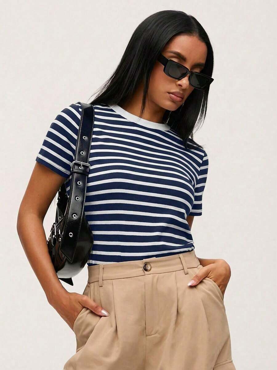 BASICS Camiseta casual con estampado a rayas para primavera y verano - Azul marino - Ver 1