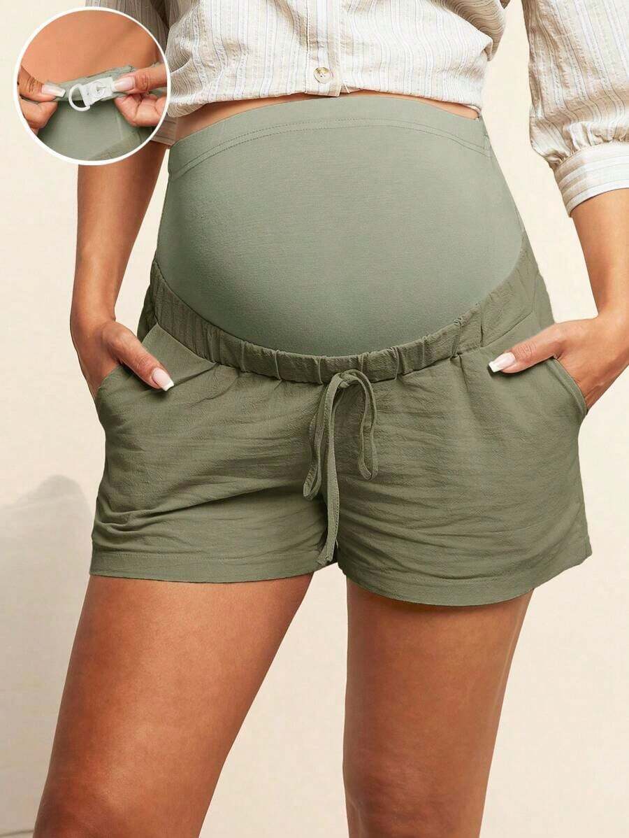 Pantalones Cortos Casuales De Verano De Maternidad Con Cintura Ajustable - Verde militar - Ver 1