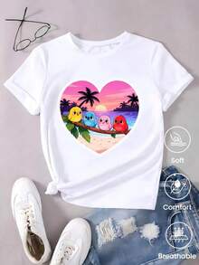 Short-Sleeved T-Shirt For Spring/Summer 2026, Made In Mexico, 180 Grams. Cartoon Print, Couple Design, Suitable For Indoor Or Outdoor Wear. Crew Neck, Unisex, Ideal For Office And Leisure. One-Pack. - 白色 - 查看 1