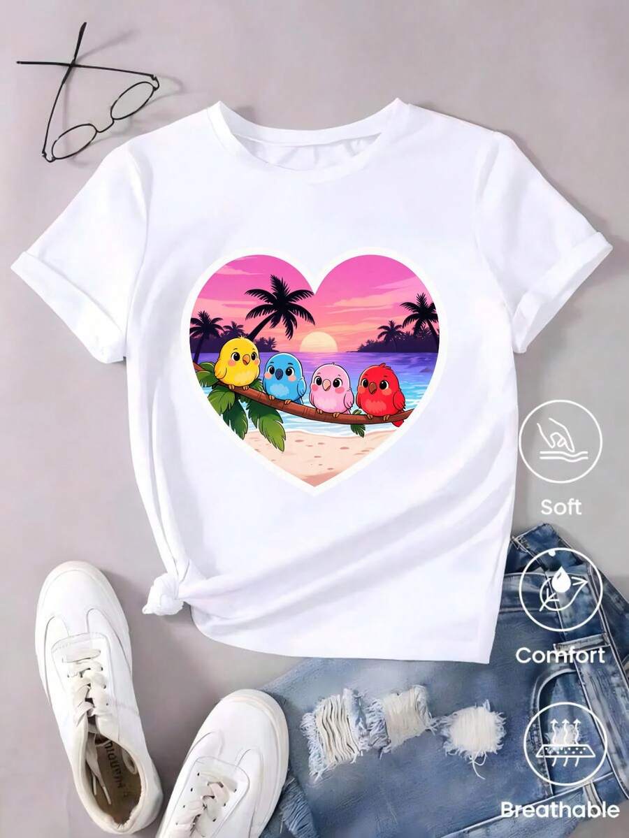 Short-Sleeved T-Shirt For Spring/Summer 2026, Made In Mexico, 180 Grams. Cartoon Print, Couple Design, Suitable For Indoor Or Outdoor Wear. Crew Neck, Unisex, Ideal For Office And Leisure. One-Pack. - 白色 - 查看 1
