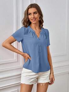 Blusa casual de mujer de unicolor con cuello en V y manga corta - Niebla azul - Ver 5