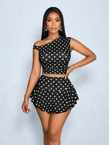 Conjunto moderno y elegante de 2 piezas con lunares, adecuado para fiestas, vuelta al colegio, vacaciones en la playa, cumpleaños, color marrón, primavera/verano - Negro - Ver 4