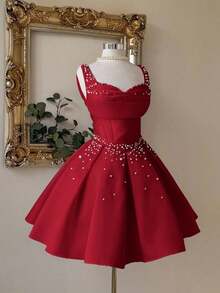 Vestido elegante, lujoso y noble de estilo palaciego con hombros abiertos, escote corazón sin tirantes, silueta de sirena, decoración de perlas falsas y bajo acampanado, adecuado para despedida de soltera, boda, graduación, vacaciones y fiesta de - Burdeos - Ver 3
