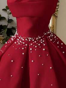 Vestido elegante, lujoso y noble de estilo palaciego con hombros abiertos, escote corazón sin tirantes, silueta de sirena, decoración de perlas falsas y bajo acampanado, adecuado para despedida de soltera, boda, graduación, vacaciones y fiesta de - Burdeos - Ver 5