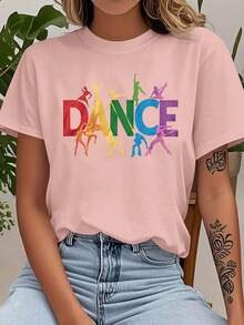 Women's Casual Short Sleeve T-Shirt 2026 - "DANCE" Letter Print, Crew Neck, Machine Washable, Casual Spring/Summer Vacation Wear, Easy-To-Wear Top, Fun Print T-Shirt,  And Fashionable, Durable Printed T-Shirt NBWH - 粉紅色 - 查看 6