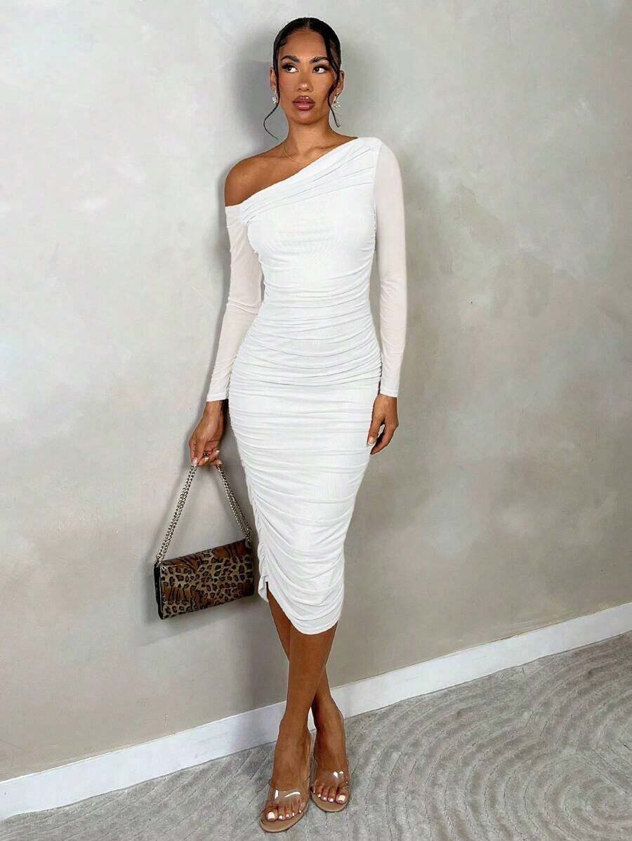 Vestido elegante de malla fruncida de otoño para mujer  , de manga larga, corte midi y ajustado, para citas/fiestas, vestidos en colores pastel para mujer, para el Día de San Valentín, atuendos de San Valentín para mujer. - Blanco - Ver 1