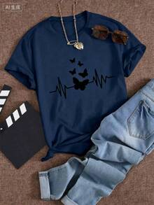 This Casual T-Shirt Features A Simple Print, A Round Neck, And Short Sleeves. The Classic, Basic Design Is Universally Flattering, And The Loose, Relaxed Fit Feels Comfortable And Breathable. The Fine, Soft Texture Is Soft Against The Skin And Breathable, So It Won't Pill Or Lose Its Shape Over Time. The Subtle, Elegant Print Design Is A Must-Have For Summer. This Versatile Piece Pairs Perfectly With All Kinds Of Bottoms-You Can't Go Wrong. - 藏蓝色 - 查看 1