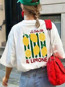 1 Piece Of Women's Summer T-Shirt, Round Neck And Short Sleeve, With Vertical Stripe And Lemon Print "La Dolce Vita", Suitable For Vacation, Office, Outings, Daily Wear, Dates, Parties, Meetings And Casual Street Occasions. - 白色 - 查看 1