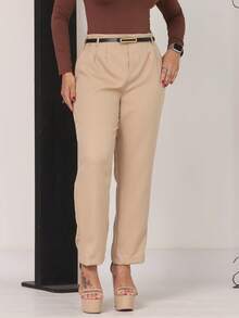 Women's High-Waisted Tailored Trousers With Belt | Elegant Formal Trousers With Pocket And Side Zipper - 1米色 - 查看 3