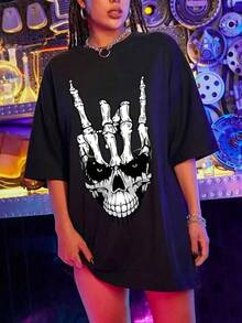 Camisetas Para Mujer AlgodónCamiseta Gótica Unisex con Estampado de Calavera y Mano Esqueleto para Estilo Rockero, Ideal para Fiestas y Conciertos, Disponible en Tallas S a XL, Color Negro, Ropa Alternativa,  Juvenil mundial 2026 - Negro - Ver 1
