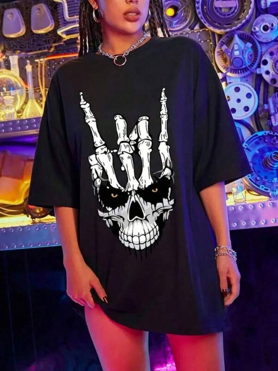 Camisetas Para Mujer AlgodónCamiseta Gótica Unisex con Estampado de Calavera y Mano Esqueleto para Estilo Rockero, Ideal para Fiestas y Conciertos, Disponible en Tallas S a XL, Color Negro, Ropa Alternativa,  Juvenil mundial 2026 - Negro - Ver 1