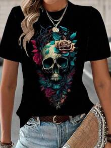100% Algodón Premium 180g .¡Oferta Especial!Playera.Camiseta moderna con estampado de calavera artística para mujer, ideal para un estilo casual y audaz.Diseño de rosas y colores vibrantes, perfecta para eventos informales o salidas nocturnas.Tallas disponibles: S, M, L, XL.Color negro.Moda alternativa.En.Camiseta Streetwear Unisex Ideal para Conciertos y Regalo - Negro - Ver 6