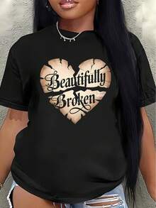 Polyester Short-Sleeved T-Shirt, Adorned With A Beautiful Broken Heart Design, Lightweight And Durable, Suitable For Home, Cafes, Or Outdoor Leisure Activities, Comfortable And Fitted For Everyday Wear. Women's Blouses > Clothing - 黑色 - 查看 1