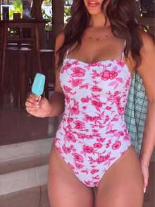 August vacation 女士优雅粉色碎花性感比基尼连体泳衣，随机碎花沙滩度假泳装，夏季 - 彩色 - 查看 1