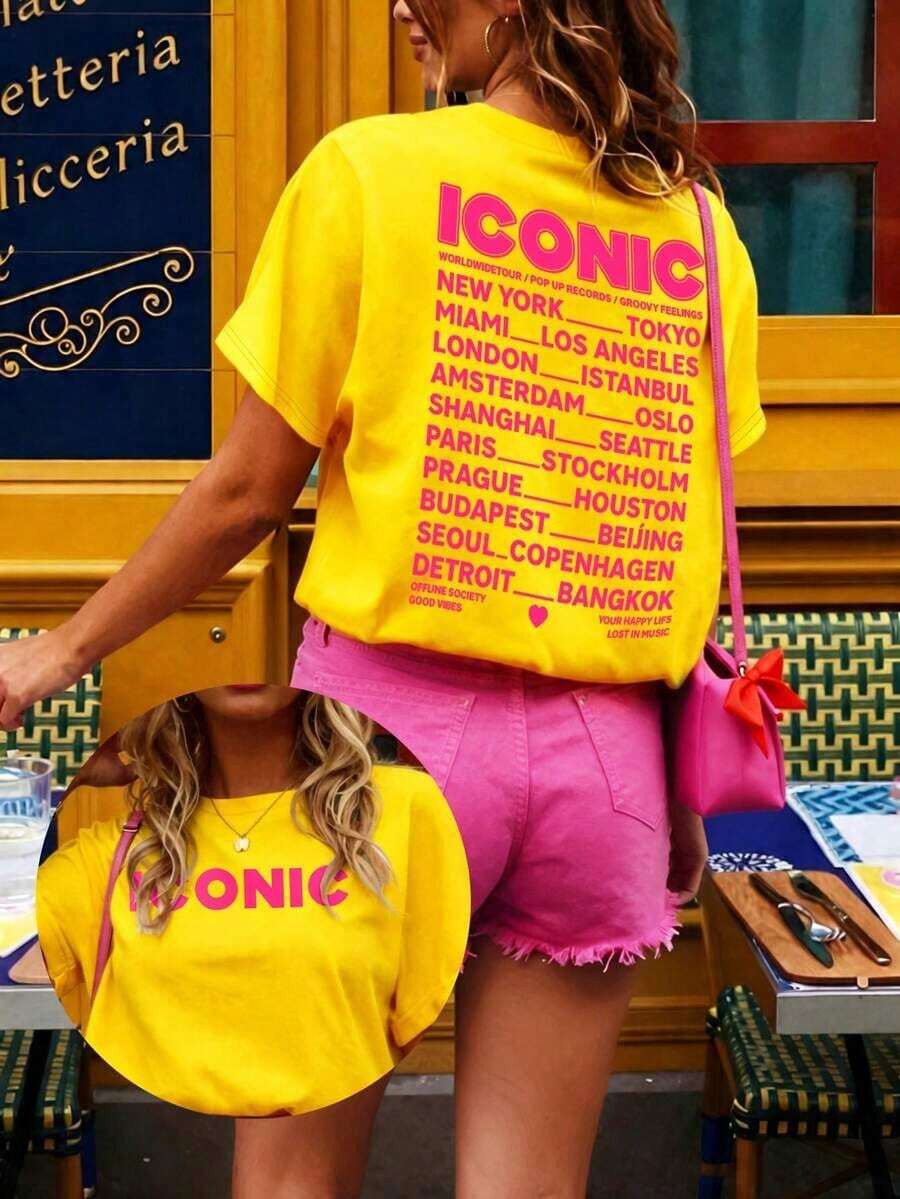 Camiseta de manga corta con estampado de letras, estilo casual para vacaciones de verano - Amarillo - Ver 1