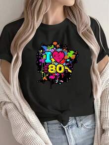 Women's Clothing. Cute Polyester Crew Neck T-Shirt For Women, "I Love 80s" Design, Colorful Graphic Print, Lightweight, Comfortable And Casual Top, Perfect For Everyday Wear, Parties Or Lounging Outfits, And With A Stylish Look. Women's Shirts - 黑色 - 查看 6