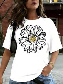 Women's Casual T-Shirt With Daisy Floral Print, Short Sleeve, Comfortable For Casual And Elegant Outfits, Lightweight And Breathable, Machine Washable, Regular Fit, Round Neck, 100% Cotton, Durable - 白色 - 查看 7