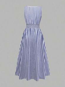 XHEGlowEve Vestido midi de línea A con cintura de parche de rayas azules y blancas de algodón y lino, con recorte de encaje hueco, elegante y encantador para uso diario, vacaciones, citas, moda de calle francesa, retro y versátil para primavera y verano, nuevo diseño sin mangasXHE - Multicolor 5 - Ver 2