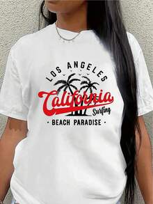 Camiseta ligera y duradera con diseño estampado, con motivos de un paraíso de playa de surf, perfecta para salidas informales en casa o en restaurantes de Los Ángeles, California.blusas para mujer>ropa - Blanco - Ver 7