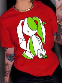 Abstract Rabbit In Shades Of Green And White Symbolizing Creativity And Youthful Energy On A Vibrant Background. Women's T-Shirt, 100% Cotton, Soft - 紅色的 - 查看 1