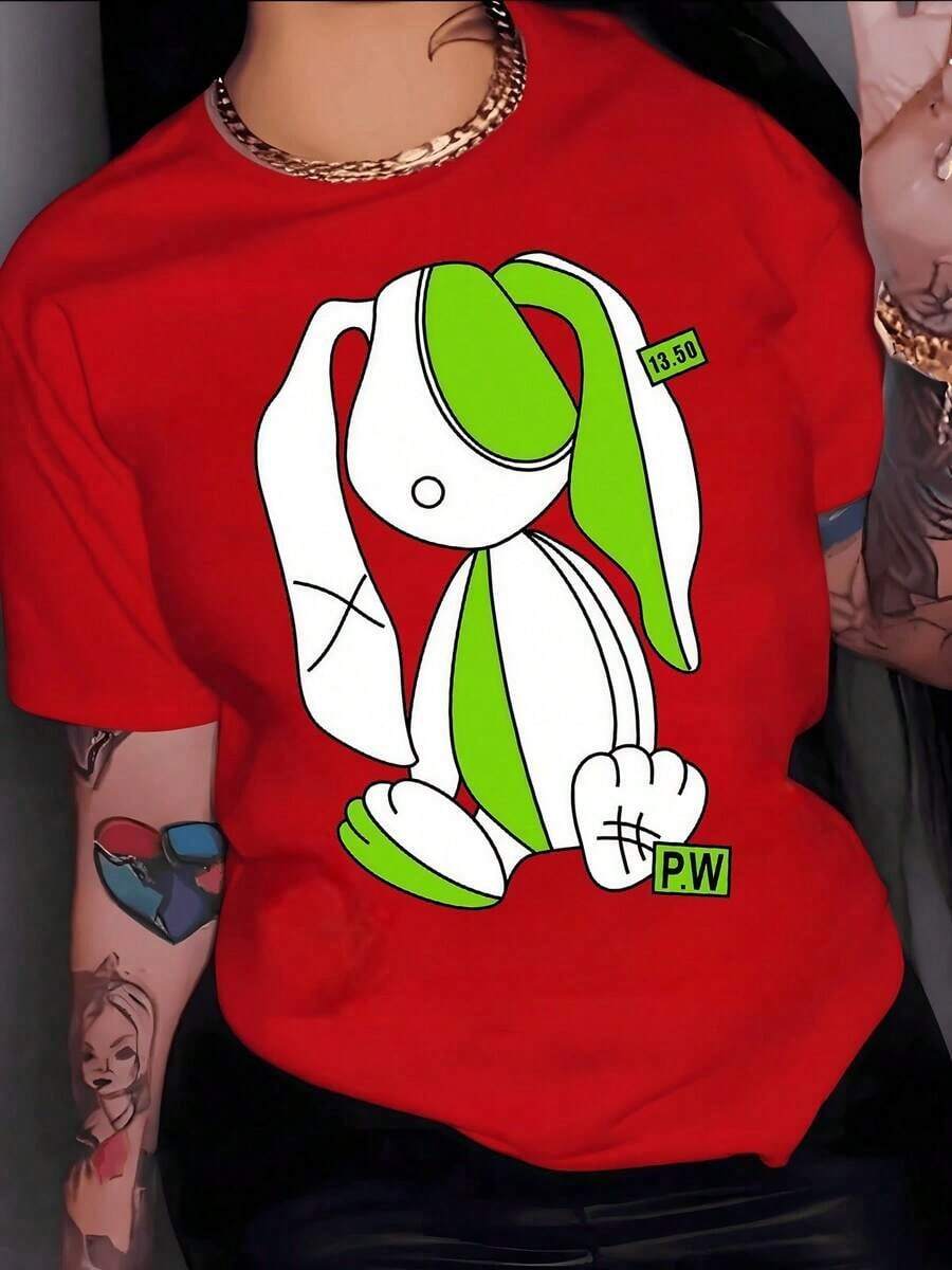Abstract Rabbit In Shades Of Green And White Symbolizing Creativity And Youthful Energy On A Vibrant Background. Women's T-Shirt, 100% Cotton, Soft - 紅色的 - 查看 1