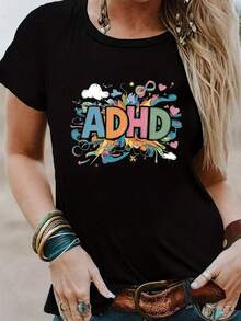 Women's Comfort T-Shirt With Colorful Text Illustration On ADHD Theme - Vintage Urban Style, Unisex, Cotton, Short Sleeve, Round Neck And Loose Fit. - 黑色 - 查看 1