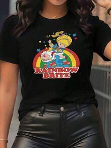 Women's T-Shirts: Women's T-Shirt With Graphic Print Of The Cartoon Character RAINBOW BRITE, Short Sleeve, Round Neck, Casual Summer And Spring Top, Women's Clothing, Casual Blouses For Ladies - 黑色 - 查看 7