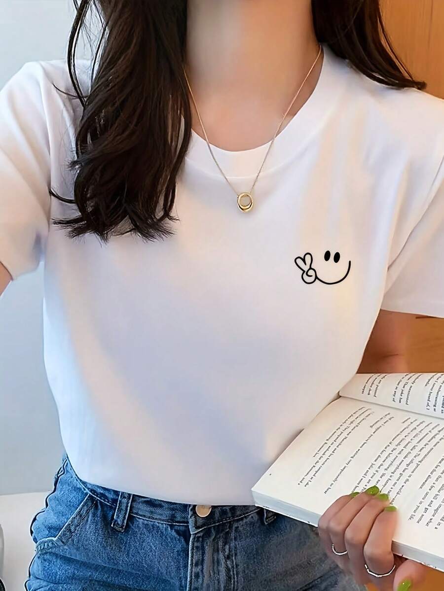 Women's Happy Face Print T-Shirt Style Y2K - Short Sleeve Crew Neck Top, Soft And Stretchy, Minimalist Blushing Smile Print, Machine Washable, Spring Summer Casual Wear, Comfortable Fit For Office And Casual Occasions - 白色 - 查看 1
