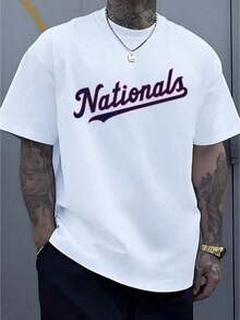 1 Piece Of Men's Nationals Logo Sports T-Shirt, 220g, Urban Casual Style, 100% Cotton, Retro Baseball T-Shirt With Digital Print. Suitable As A Gift. Women's T-Shirt. Blouses > Elegant. Boho Chic, Soft, Breathable And Comfortable Women's Top, Ideal For Spring, Summer And Autumn, Perfect For Vacations, Travel And Everyday Wear. - 白色的 - 查看 1