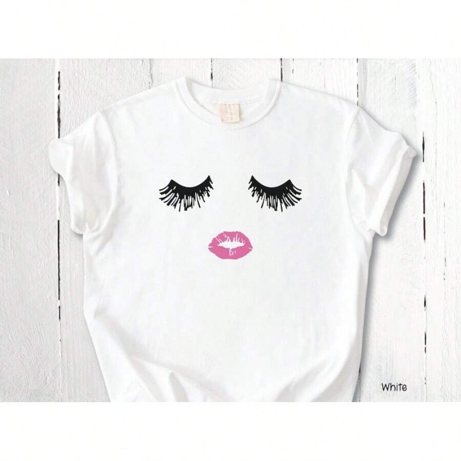 Camiseta con Gráficos de Pestañas y Labios: Camiseta para Maquilladores, Camiseta de Algodón Cómoda y Glamurosa para Chicas - Blanco - Ver 1