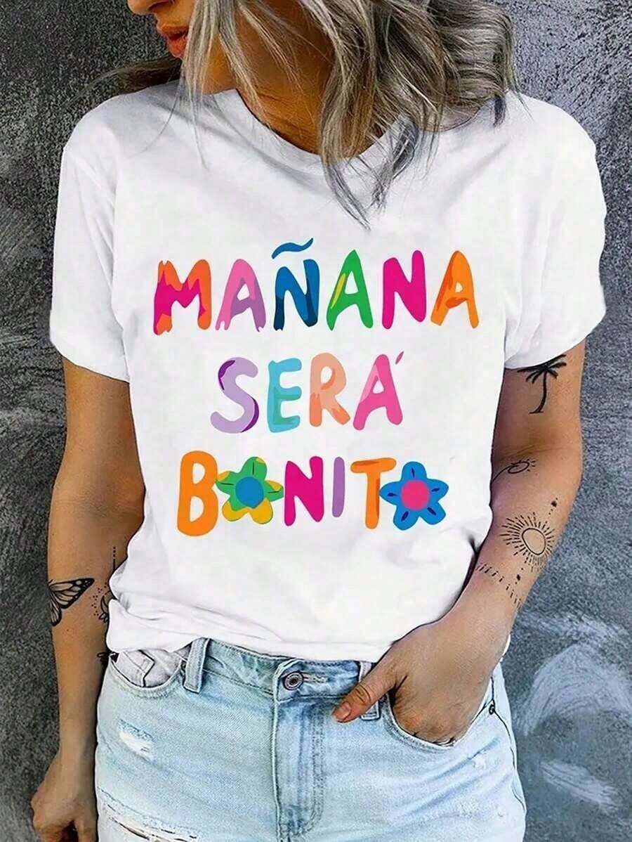 Short-Sleeve Round Neck Letter Print T-Shirt Casual Short Sleeve Round Neck Blouse For Summer And Spring Women's Clothing Casual Blouses For Women 100% Cotton - 白色的 - 查看 1
