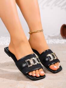 2026 Spring/Summer New Embroidered Geometric Pattern Square Toe Flat Sandals, Multi-Color Options, Bohemian Beach Vacation Commute Versatile Comfortable Daily Wear Women Shoes - Black - View 3