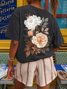 Camiseta gráfica  LUNE para mujer, camiseta de manga corta estilo casual urbano, top de verano lindo, tops lindos para mujer, tops de manga corta para mujer, camiseta de manga corta oversize, camiseta con estampado floral, camiseta con estampado floral, camiseta de manga corta oversize, tops para mujer, camiseta vintage lavada. - Gris oscuro 3 - Ver 4