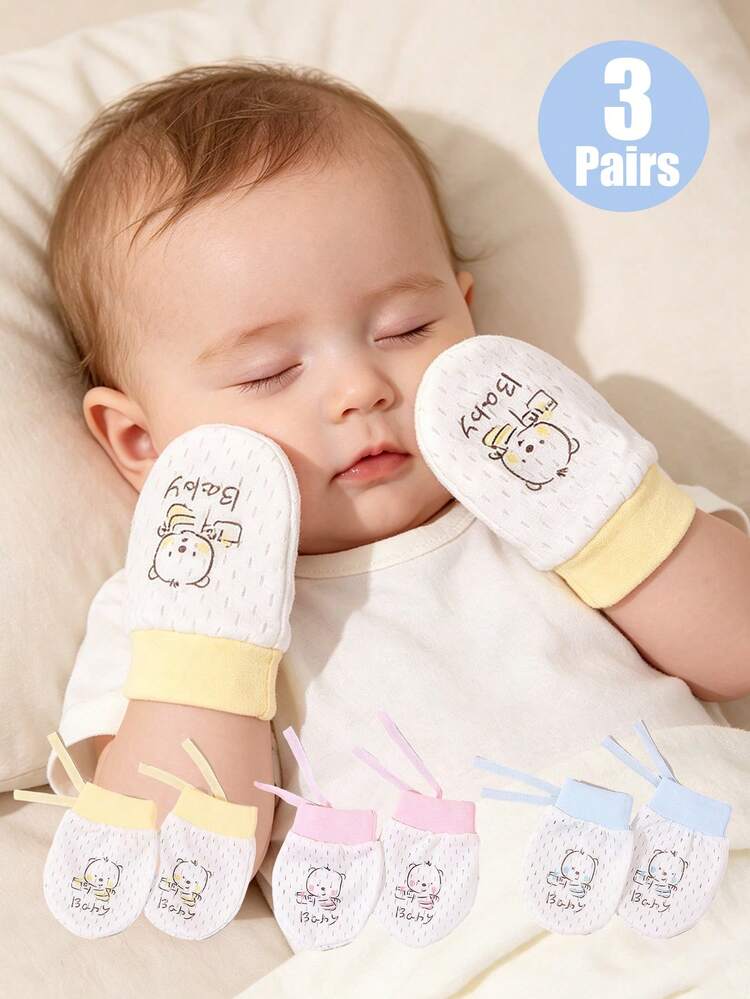 3 đôi găng tay chống trầy xước cho trẻ sơ sinh, găng tay lưới thoáng khí với họa tiết gấu dễ thương, mềm mại và thân thiện với da, phù hợp cho bé trai và bé gái từ 0-6 tháng tuổi sử dụng và chơi hàng ngày. - 3Đôi - Xem 3