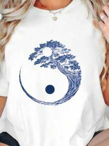 blusas para mujer Geometric pattern printed plus size women's round neck summer casual short sleeved street fashion versatile T-shirt - Blanco - Ver 1