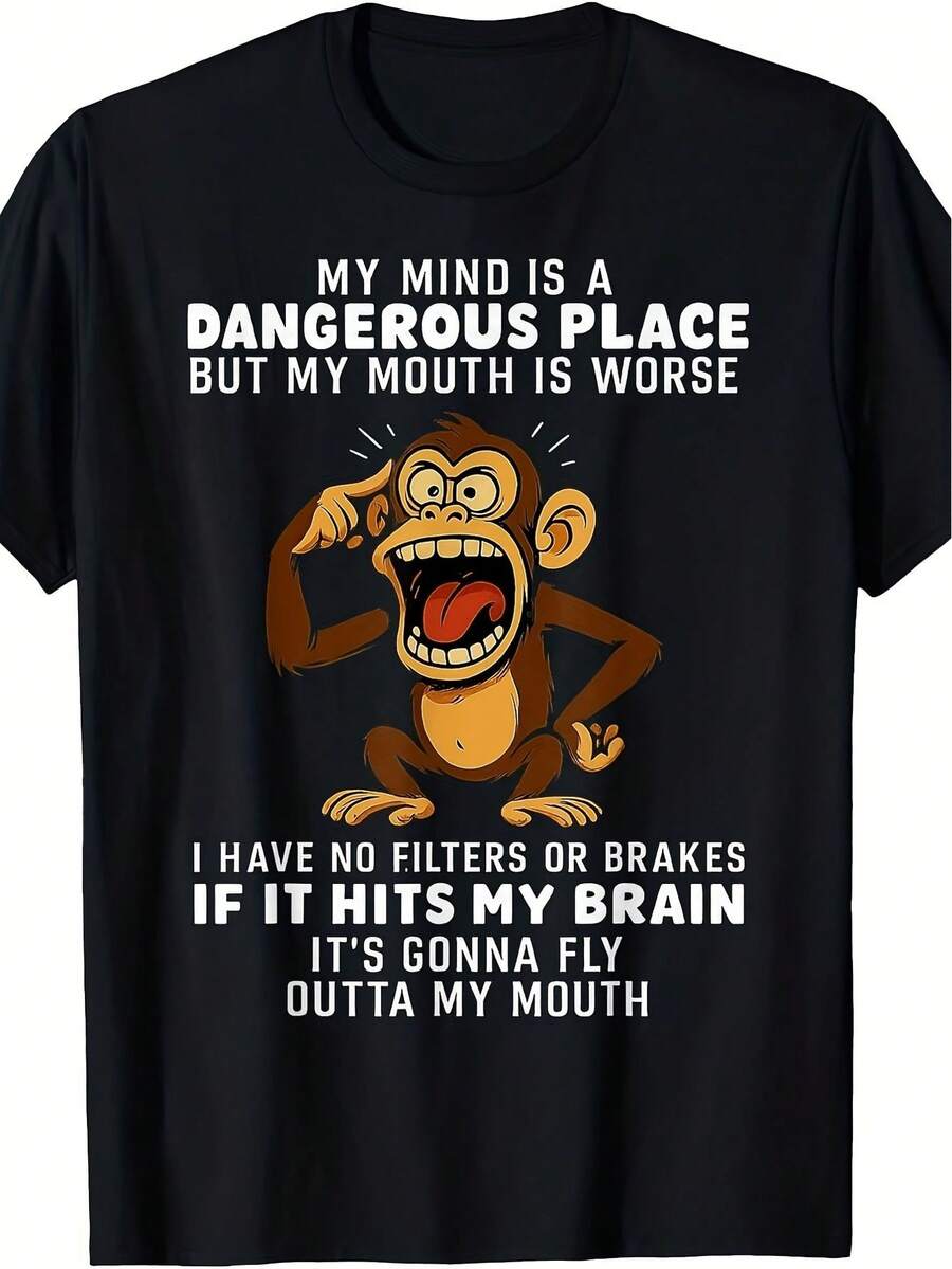 Men's T-Shirt With A Fun Monkey Print Featuring The Phrase 'My Mind Is A Dangerous Place'. Casual Short Sleeves, Ideal For Celebrations And Holidays. Crew Neck, Slightly Stretchy Material, Plus Size. - 黑色 - 查看 1