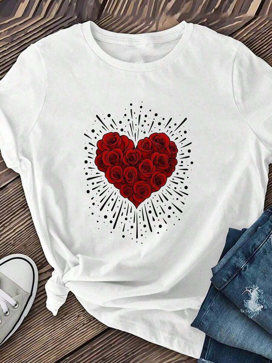 New And Modern Women's Short-Sleeved T-Shirt, Printed With A "Red Rose Of Love" Design, Soft And Breathable, Made Of Stretchy Fabric, Machine Washable, Casual Short-Sleeved T-Shirt, A Must-Have For Spring And Summer, Short-Sleeved Top, Modern Style. KTQN-Short-Sleeved Crew Neck T-Shirt, Urban Vintage Style, Unisex, Loose Fit And 100% Cotton. - 白色 - 查看 1