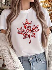 Women's Premium Quality Graphic T-Shirt, 180g Cotton, Red Maple Leaf Print - Loose Fit, Breathable, Crew Neck, Short Sleeve, Suitable For Casual Wear, Parties, Holidays And Work - Machine Washable For All Seasons, Vintage Style - 白色 - 查看 7