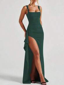 Vestido largo elegante y sexy con abertura lateral, apropiado para fiestas de primavera/verano, banquetes, vacaciones, boda en color vino tinto - Verde Oscuro - Ver 3