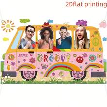 1pc 2D Hollow Design Vintage Hippie Bus Background Banner, Featuring Vibrant Colorful Graffiti Elements Like Rainbow, Flowers, Hearts, Butterflies, Peace Signs, Music Notes, Exuding A Retro Playful And Free Spirit Vibe. Made Of Polyester Fiber Material, Suitable For Children's Birthday Parties, Retro Themed Gatherings, Holiday Decorations, And Home Parties. - A - View 3