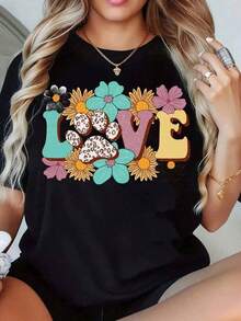 Camiseta de mujer con estampado floral de pata de amor, talla grande, adecuada para uso casual y deportivo. Camiseta con diseño floral de pata de amor, talla grande, adecuada para uso casual y deportivo. Top colorido con estampado de pata de flor de amor, talla grande, adecuada para uso casual y deportivo. Sudadera linda con estampado de flores y pata de amor, talla grande, adecuada para uso casual y deportivo. Camiseta floral de amor para amantes de los animales, talla grande, adecuada para uso casual y deportivo. - Negro - Ver 1