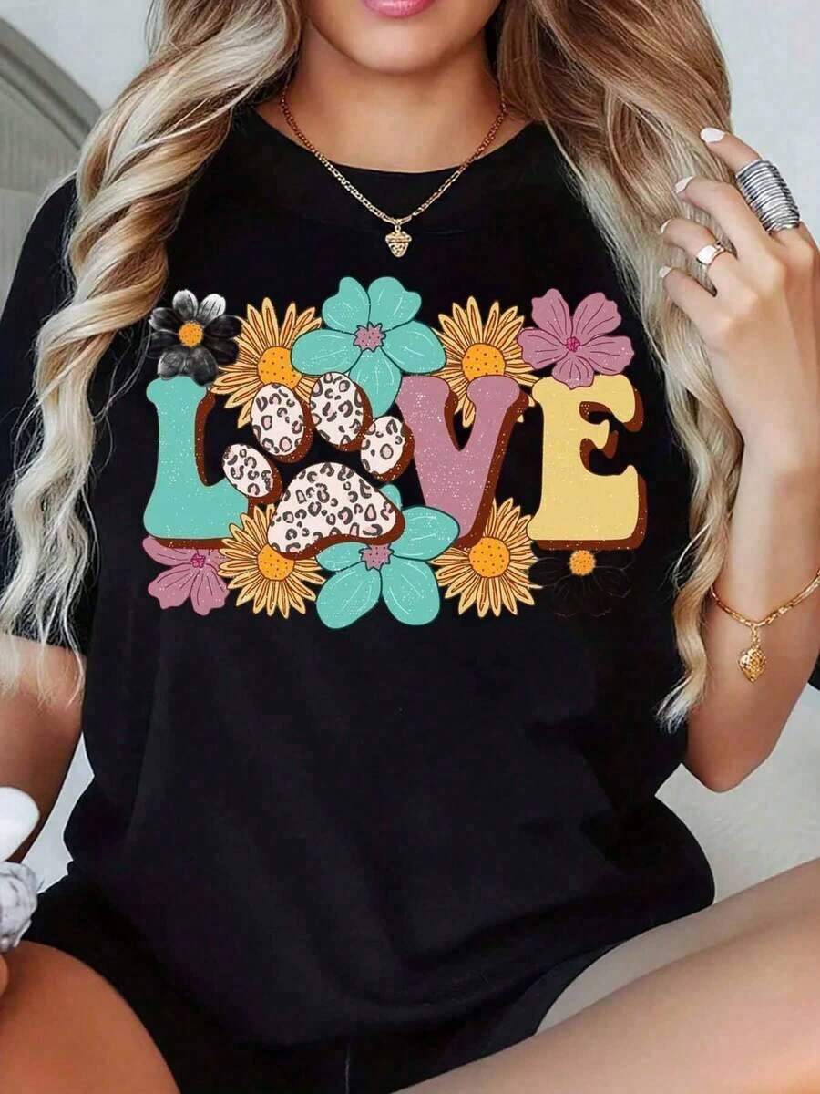 Camiseta de mujer con estampado floral de pata de amor, talla grande, adecuada para uso casual y deportivo. Camiseta con diseño floral de pata de amor, talla grande, adecuada para uso casual y deportivo. Top colorido con estampado de pata de flor de amor, talla grande, adecuada para uso casual y deportivo. Sudadera linda con estampado de flores y pata de amor, talla grande, adecuada para uso casual y deportivo. Camiseta floral de amor para amantes de los animales, talla grande, adecuada para uso casual y deportivo. - Negro - Ver 1