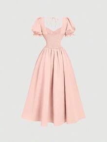 MOD Vestido elegante de longitud media con mangas cortas de pétalos y lazo delantero de unicolor para mujer - Gris - Ver 5